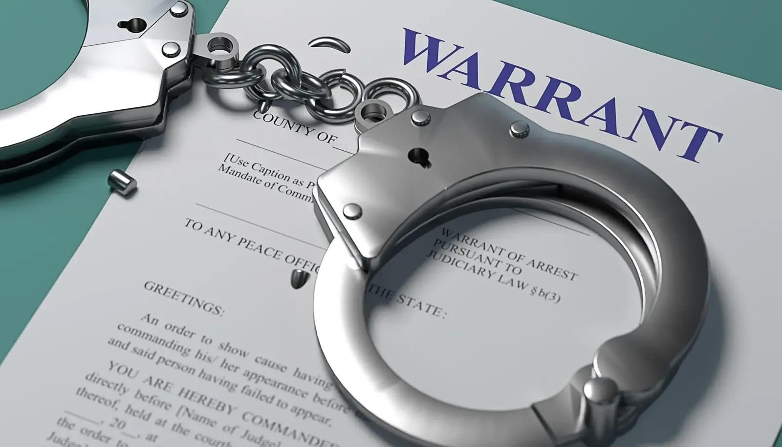 Handcuffs resting on an arrest warrant